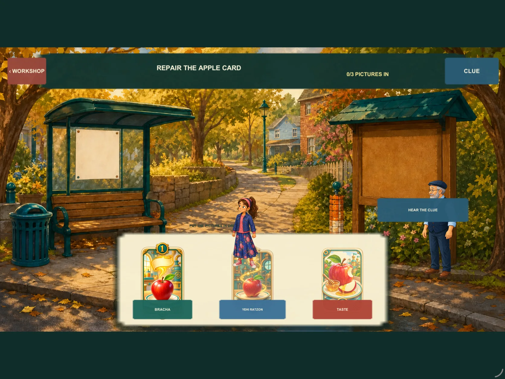 Dee stands in Community Lane beside three illustrated apple-route cards for bracha, Yehi ratzon, and tasting